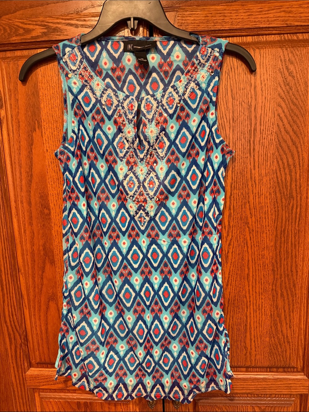 INC International Concepts Blue and Aqua Geometric Sleeveless Tank